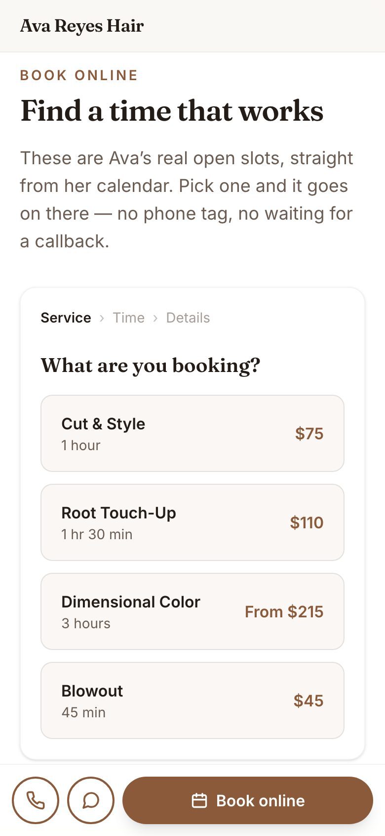 A StylistDesk booking page on a phone: pick a service like Cut & Style or Root Touch-Up, then a time